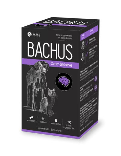 BACHUS Calm & Brave supplement for dogs and cats, 60 tasty tablets for calming stressed pets.