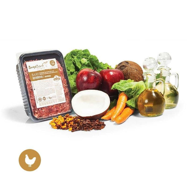 BoneBarf chicken raw menu with vegetables, fruits, and oils for a healthy pet diet.