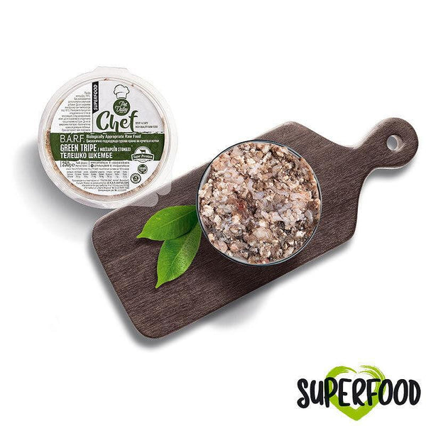 BoneBarf телешко зелено шкембе за домашни любимци, предлагано в опаковка с натурални съставки.