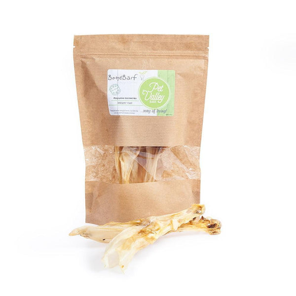 BoneBarf rabbit ears snack for dogs in a brown pouch, healthy and natural dog treat, grain-free and gluten-free.