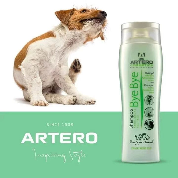 Bye Bye anti-parasitic shampoo for dogs, promoting healthy coat and skin, suitable for long-haired breeds.