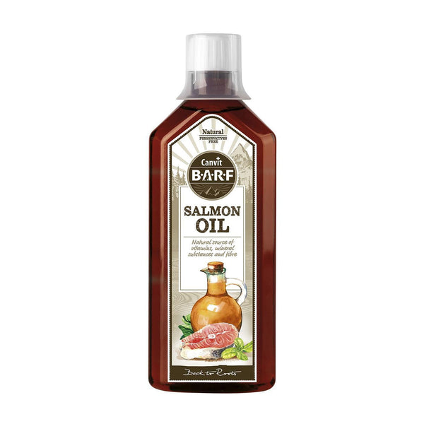 CANVIT salmon oil, cold-pressed omega-3 supplement for pets, 500 ml bottle, promotes healthy coat and joints.