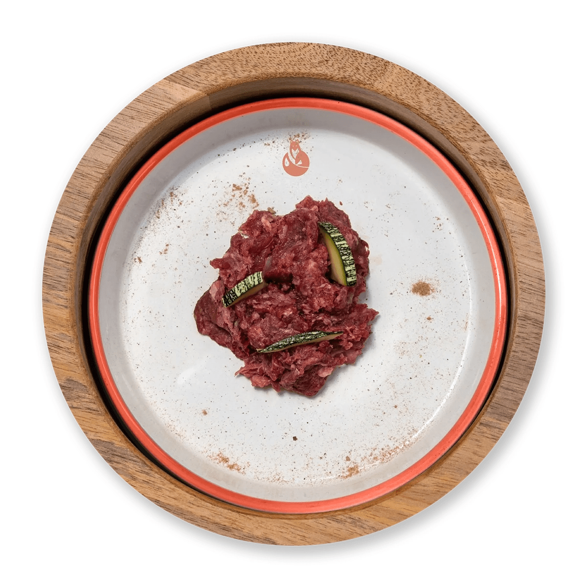 Dottor Fox BARF beef mixture in a stylish wooden bowl, rich in protein and essential nutrients for pets.