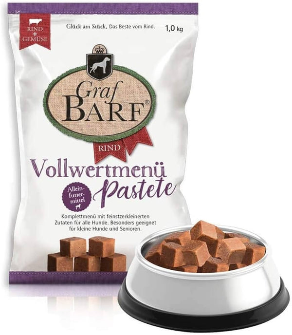 Graf Barf Beef Paté with natural ingredients, grain-free and gluten-free, suitable for all dogs, especially small breeds.