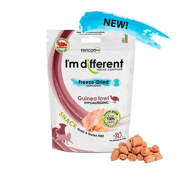 I'm Different freeze-dried Guinea fowl snack for dogs, hypoallergenic, grain and gluten-free, new product packaging.