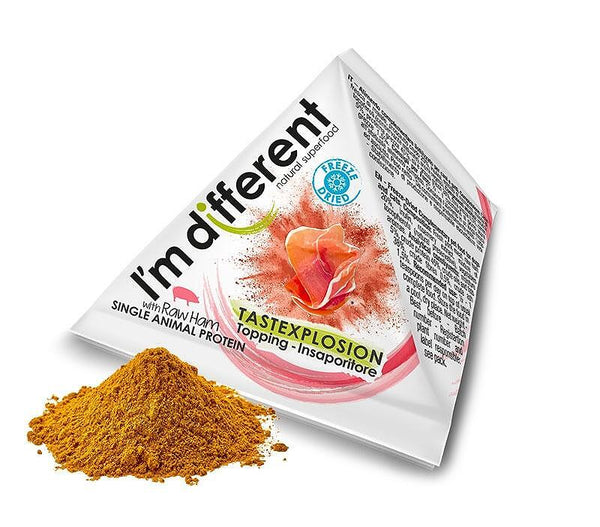 I'm different TastExplosion pet food topper packaging with raw ham and protein powder.