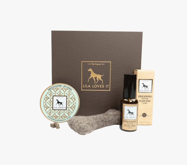 Lila Loves It gift box featuring a felt bone toy, pillow spray, and treats for dogs.