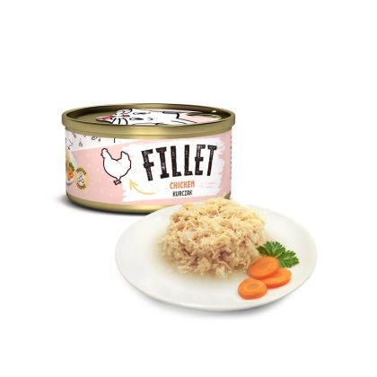 Mr. Bandit chicken fillet in a can with a serving on a plate, showcasing tender meat with carrots.