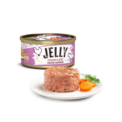 Mr. Bandit Jelly Chicken and Beef canned cat food on a plate with jelly pieces and garnished with parsley.