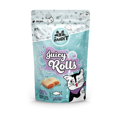 Mr. Bandit Juicy Rolls tuna cat treats packaging with playful cat design, 40g of delicious snacks.