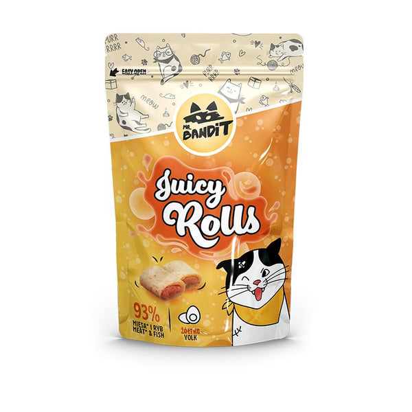 Mr. Bandit Juicy Rolls cat treats packaging with delicious meat and yolk, 40g, for playful cats.