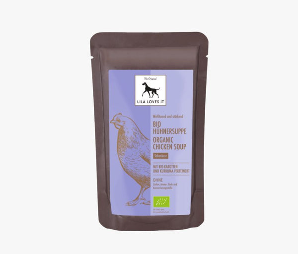 Organic chicken soup by LILA LOVES IT in eco-friendly packaging, featuring chicken, carrots, and turmeric.