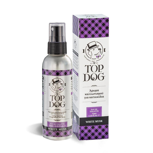Spray bottle of White Musk eau de toilette for pets with packaging, offering long-lasting fragrance and hydration.