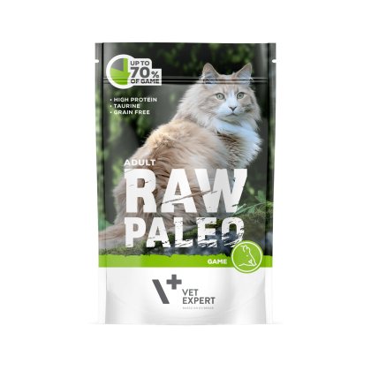 Пауч Raw Paleo Adult Game за котки с високо съдържание на протеин и таурин, без глутен, 100g.