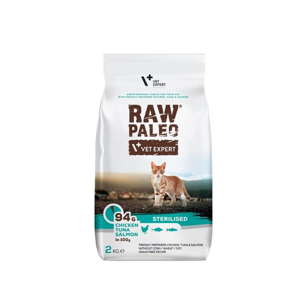 RAW PALEO Sterilised Cat food, 94g chicken, tuna, salmon, 100g serving, grain-free formula, designed for neutered cats.