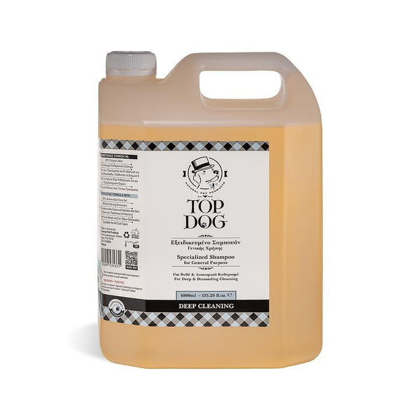 TOP DOG deep cleaning shampoo in a 4-liter jug, specialized for thorough and gentle cleansing of fur.